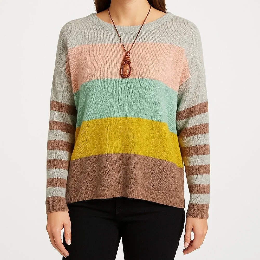 Davi & Dani Color Block Striped Sleeve Pullover Sweater L Multicolor Knit Top